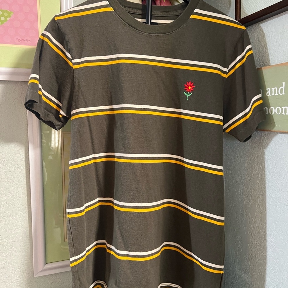 Vans Olive Green Short Sleeve Stripe Tee with Red Flower #222